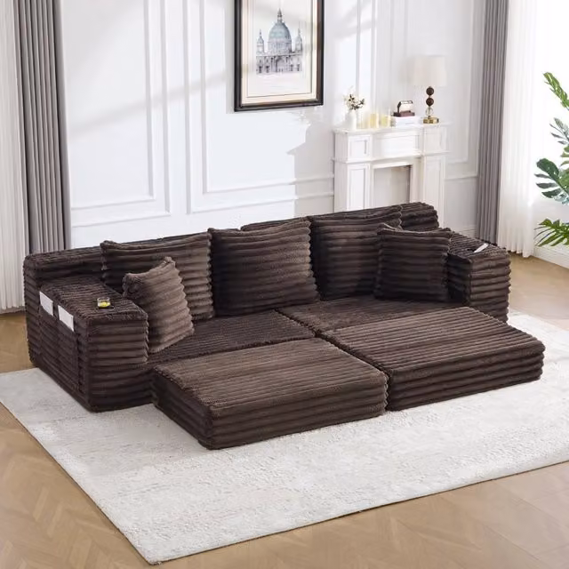 Divano Letto in Velluto a Coste con Schienale Alto e Cuscini ¨C MINIMAL ¨C Marrone, Tasche Laterali