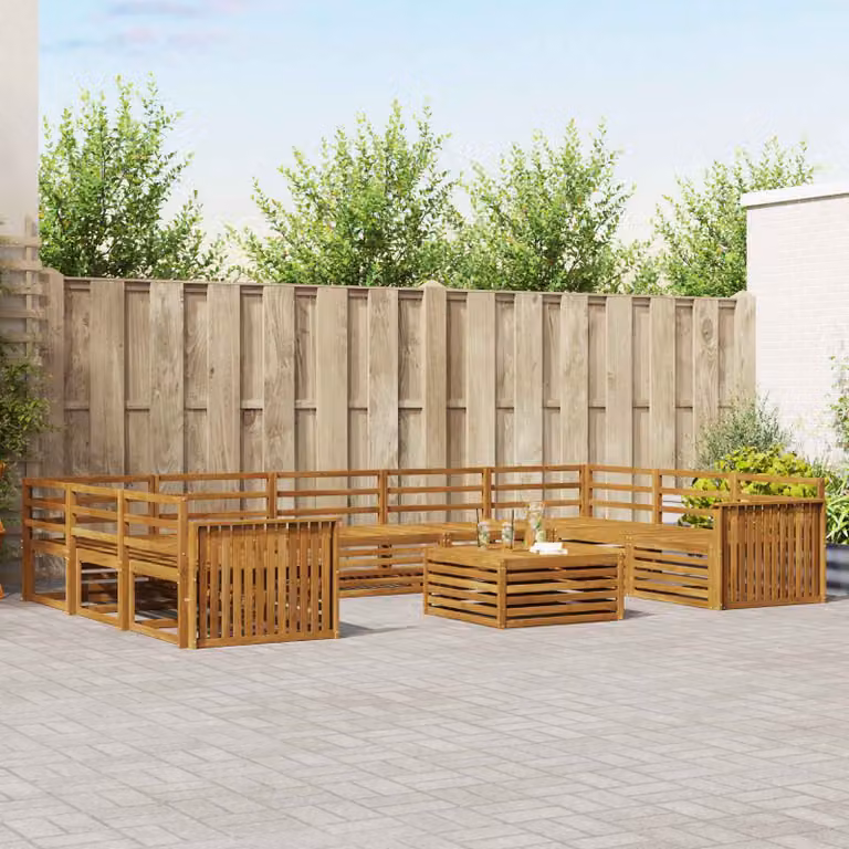 Set di divani da esterno vidaXL in legno di acacia marrone con cuscini e tavolino da caffè, design moderno a forma di L per giardino e terrazza