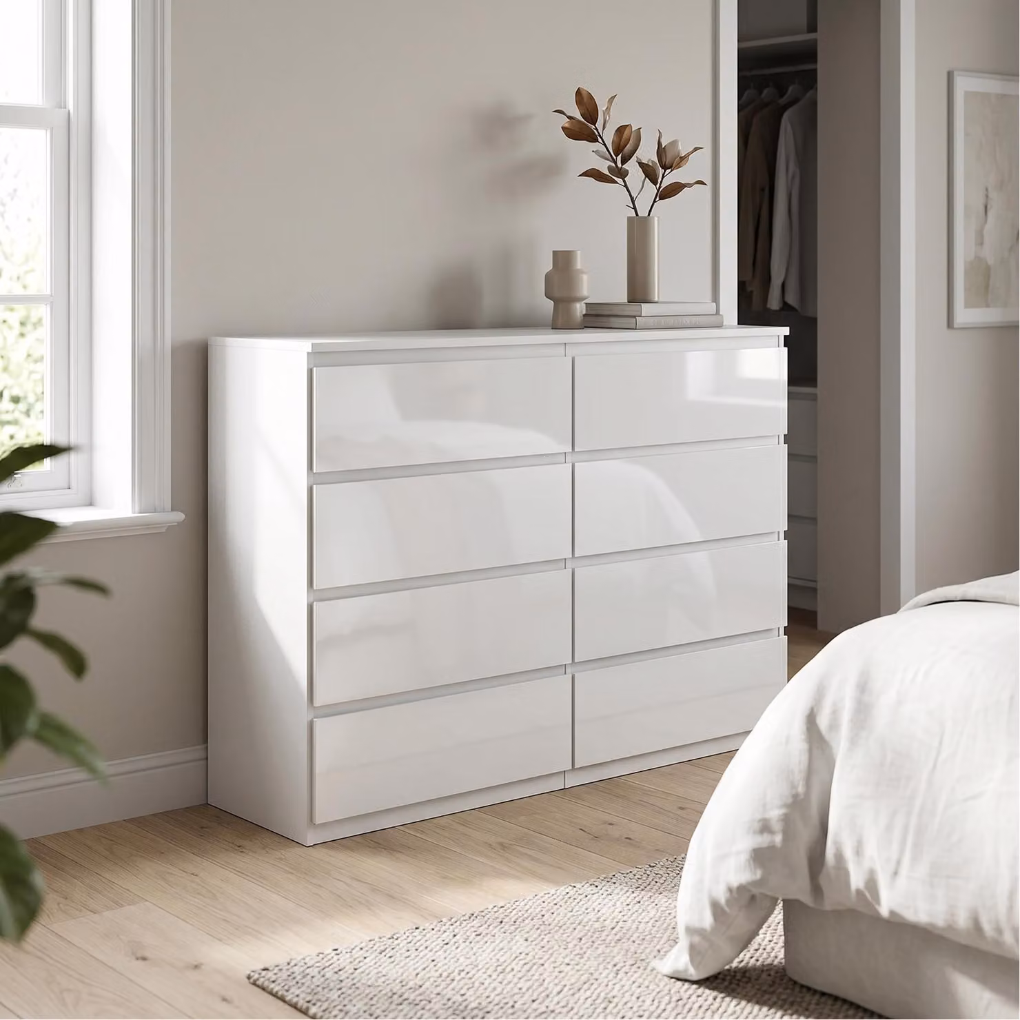 Comodà Masseno NUDO da 120 cm con 8 cassetti e ante, per soggiorno e camera da letto, stile moderno, 120x39x101,5 cm, bianco / bianco