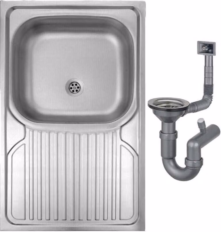 Lavello da cucina in acciaio 80x50 cm con vasca e sifone, superficie satinata, facile da installare