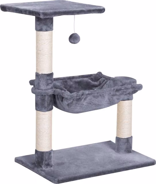 Tiragraffi per gatti multilivello PawHut con amaca, in legno e peluche, Grigio, L 36 x P 36 x H 70 cm