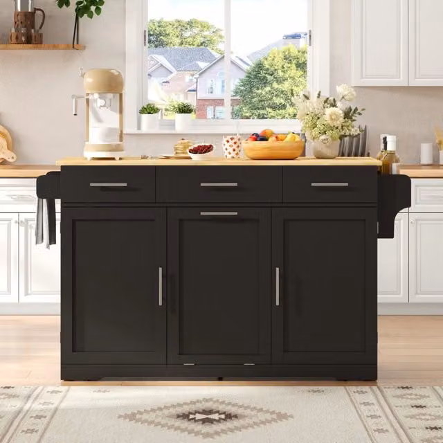 Isola da cucina mobile in MDF nero e naturale con 3 cassetti; presa 2 AC e 2 USB; 136×50(75)×92 cm