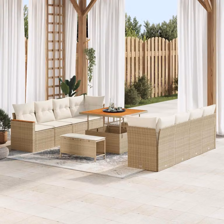 Set Divano da Giardino Moderno vidaXL in Polyrattan Beige con Cuscini e Tavolino 11 Pezzi
