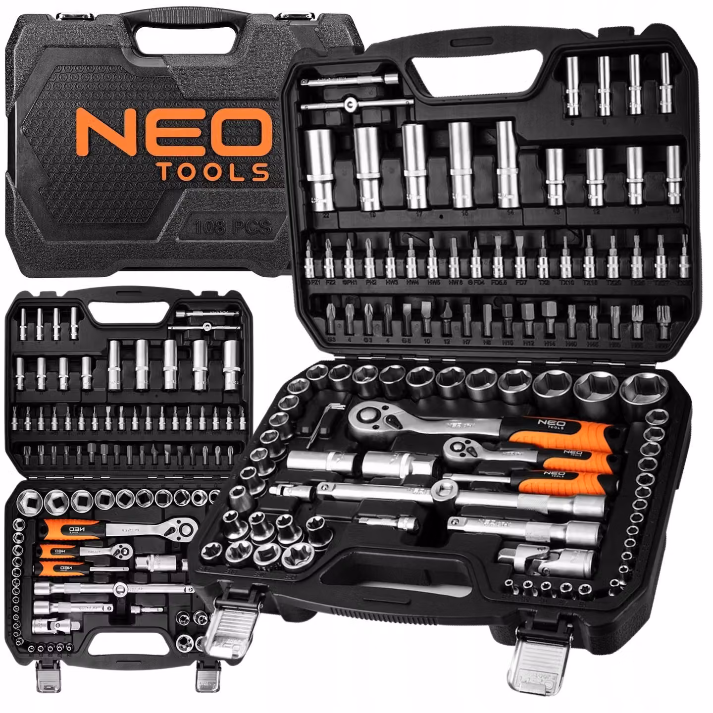 NEO TOOLS set di chiavi a bussola con cricchetti 108 pezzi valigetta in acciaio CrV da 1/2" e 1/4"