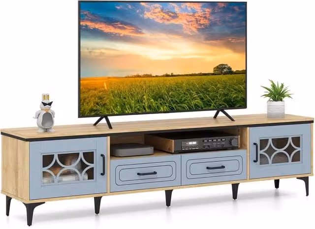 Mobile TV Costway in Legno e Metallo Blu con 2 Cassetti e 2 Armadi, L: 180.5 cm, P: 35 cm, H: 46 cm – 1
