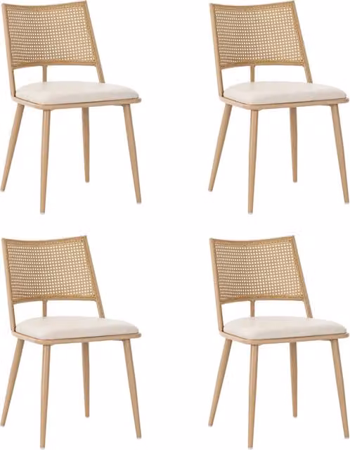Set di 4 Sedie da Pranzo con Seduta in PU e Schienale in Rattan Beige
