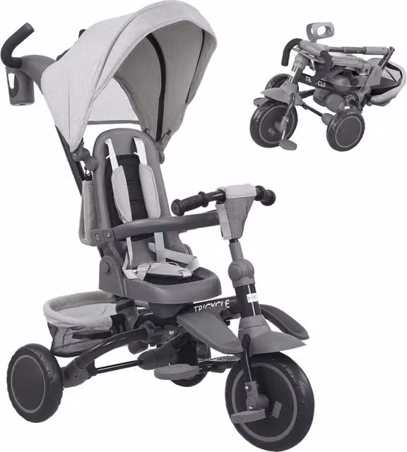 AIYAPLAY Triciclo 6 in 1 per Bambini con Maniglione di Spinta e Sedile Girevole, Pieghevole, Grigio, L: 111.5 cm, P: 52 cm, H: 98 cm – 1