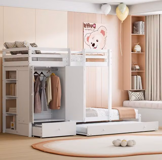 Letto a castello ULEVR 90x200 cm con letto estraibile, armadio, cassetti e ripiano, bianco
