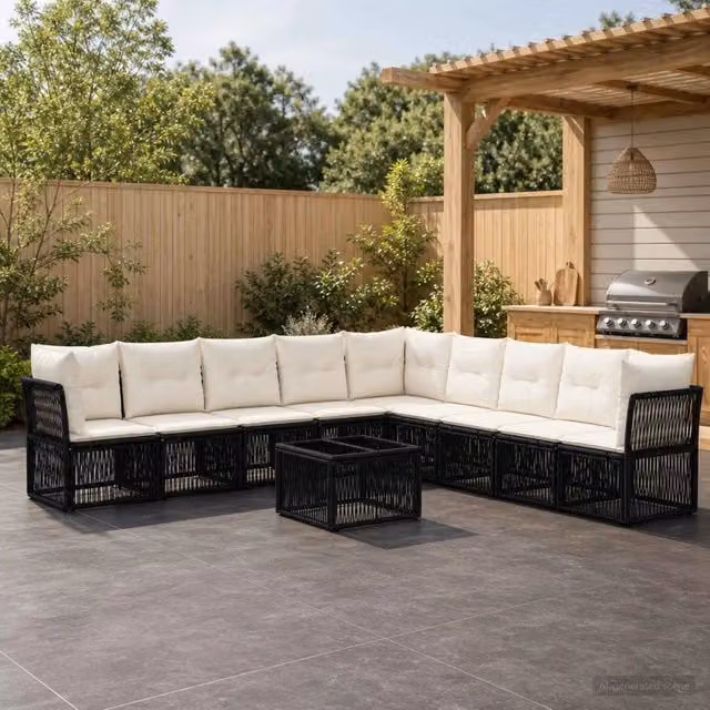 Set Divano da Giardino a L vidaXL 10 Pezzi Nero con Cuscini e Tavolino da Caffè in Polyrattan e Metallo