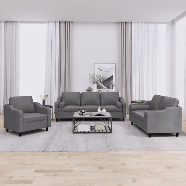 Set di divani 3 pezzi vidaXL in tessuto grigio con cuscini per soggiorno moderno – 1