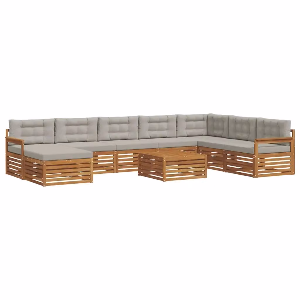 Set di divani da esterno vidaXL a forma di L in legno di acacia con cuscini grigi, composto da 9 pezzi con tavolino e pouf – 2