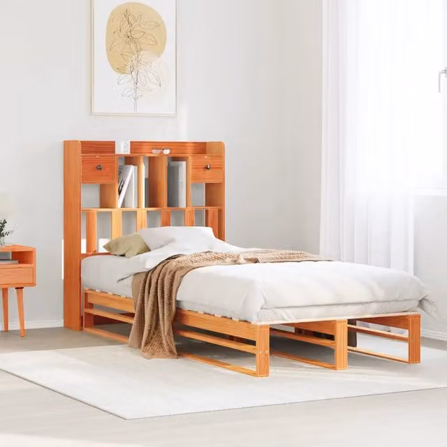 Letto Libreria vidaXL in Pino Massiccio Marrone Cera con Ripiani Laterali e Doghe Fisse L: 190 cm, P: 75 cm, H: 110 cm