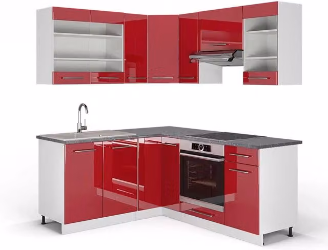 Cucina angolare moderna Vicco Fame-Line Bordeaux lucido e Bianco con piano Antracite – 1