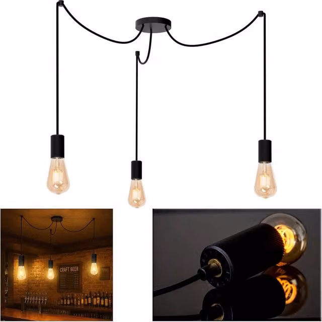 Lampadario a sospensione Planetitaly design industriale in metallo nero con 3 luci E27 e altezza regolabile per cucina e soggiorno