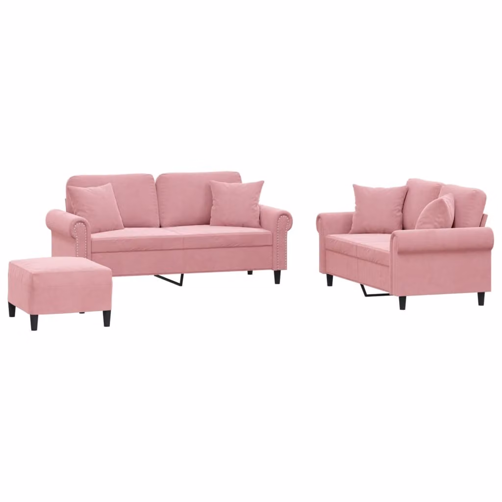 Set di Divani 3 pz con Cuscini Rosa in Velluto