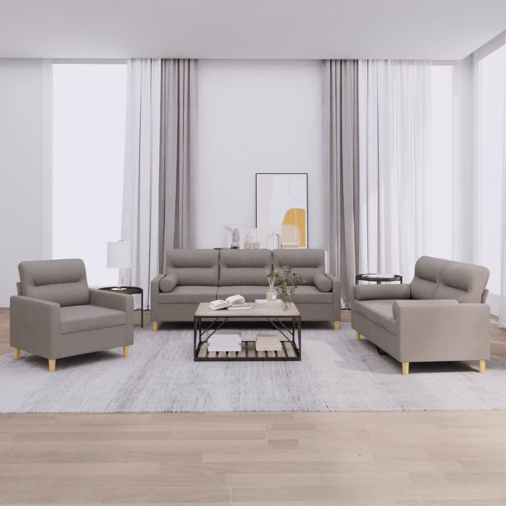 Set di Divani 3 Pezzi vidaXL in Tessuto Beige e Grigio con Cuscini per Soggiorno Moderno – 1