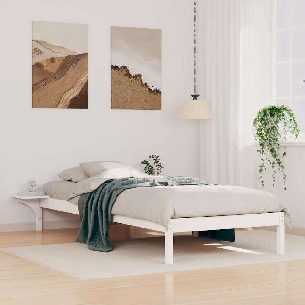 Letto moderno vidaXL in pino massello bianco con tavolini laterali L 80 cm x P 215,5 cm x H 130 cm