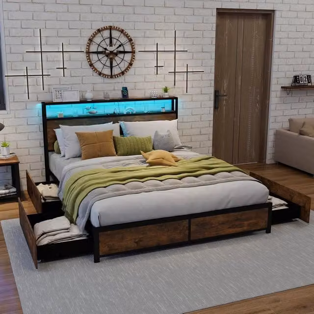 Costway Letto King Size Marrone con 4 Cassetti, Luci LED Sotto il Letto, Porta USB e Ripiano Integrato, L/P: 160 x 200 cm – 1