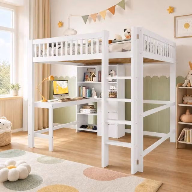 Letto a soppalco 140x200 cm con scrivania; 3 cassetti e ripiani in legno bianco