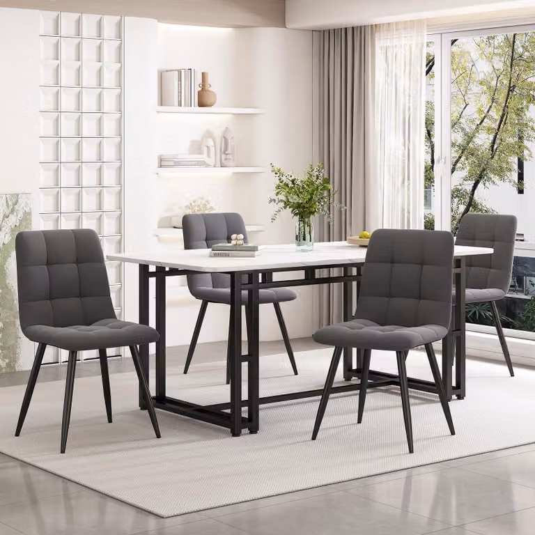 Sweiko 140x80cm Tavolo da pranzo nero con 4 sedie, set tavolo da pranzo cucina moderna, sedie da pranzo in velluto grigio scuro, tavolo con gambe in ferro nero