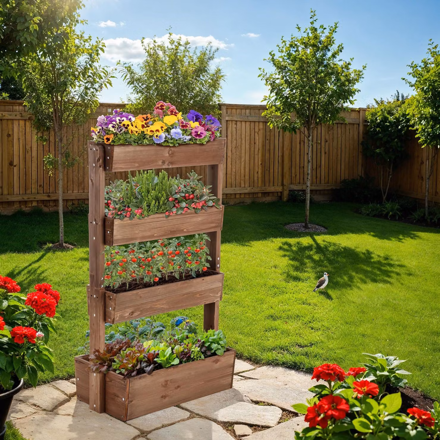 Aiuola verticale Tectake Flora in legno verniciato marrone con tessuto non tessuto per orto e giardino, L: 85 cm, P: 45 cm, H: 140 cm – 2