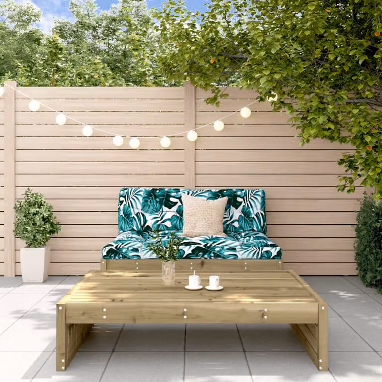Set da giardino vidaXL composto da divano a 2 posti e pouf in legno di pino trattato con cuscini imbottiti in tessuto floreale marrone e verde