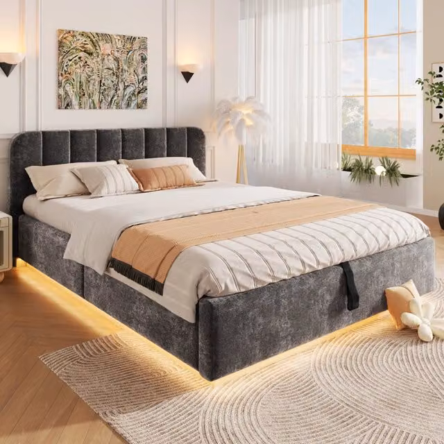 Letto contenitore imbottito in ciniglia 140 x 200 cm, con contenitore idraulico, LED, testiera trapuntata e rete a doghe, Anthracite