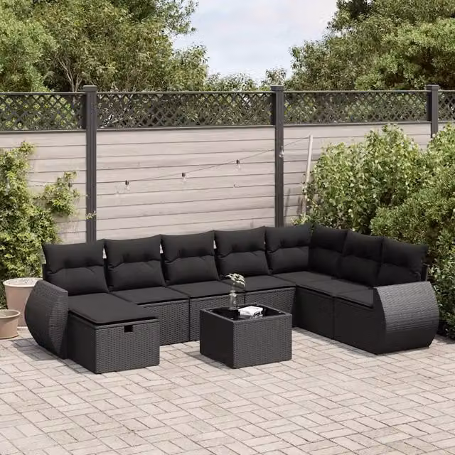 Set Divani da Giardino 9 pz con Cuscini Nero in Polyrattan 3325641