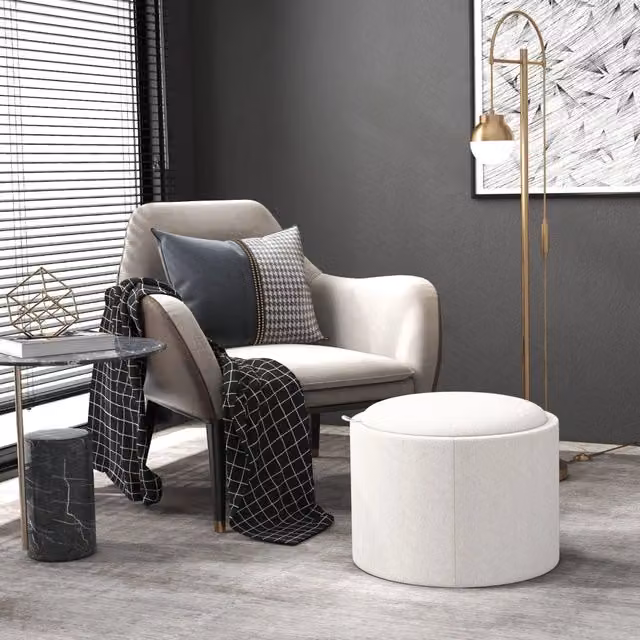 Pouf poggiapiedi rotondo con vano contenitore e coperchio vassoio FOLYNA effetto lino color crema L: 56 cm, P: 56 cm, H: 42 cm – 1