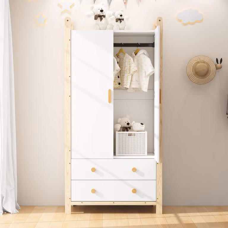 Armadio a due ante, con barra appendiabiti, dotato di 2 cassetti, adatto per camere da letto, soggiorni o come armadio nell'ingresso, realizzato in pannello di particelle di legno