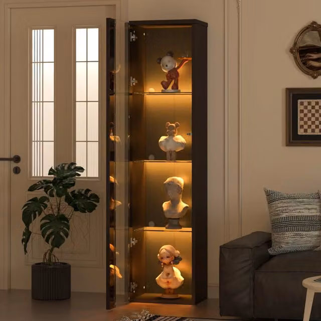 Vetrina OKWISH moderna con ante in vetro, illuminazione LED integrata e 4 ripiani in MDF nero, L: 40 cm, P: 29 cm, H: 170 cm