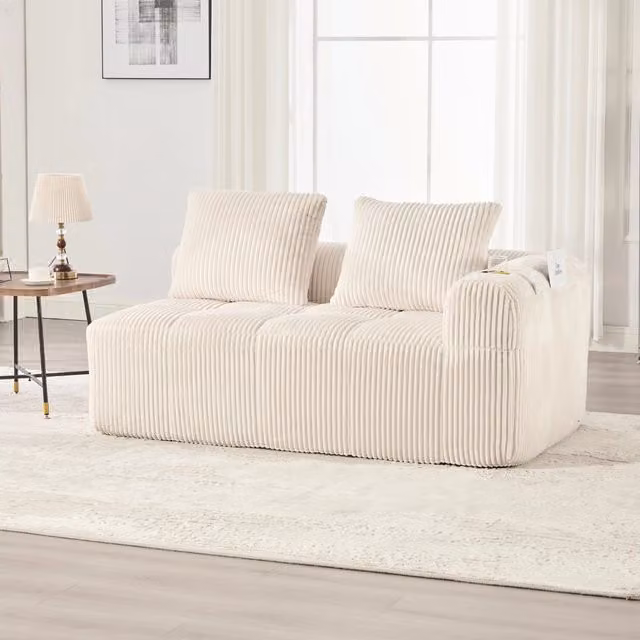 Divano Mivray moderno in velluto a righe beige con portabevande integrati per soggiorno e camera da letto