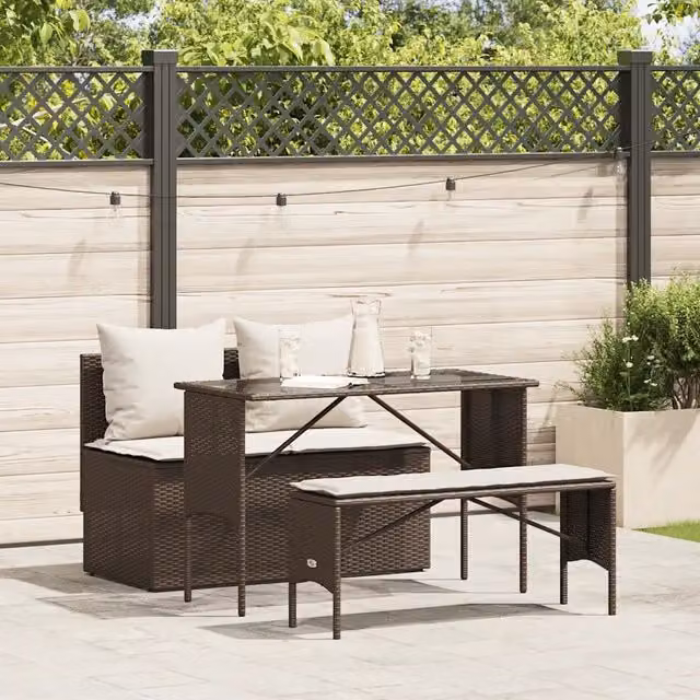 Set da Pranzo da Giardino 3 Pezzi vidaXL in Polyrattan Marrone con Cuscini Bianchi e Tavolo in Vetro – 1