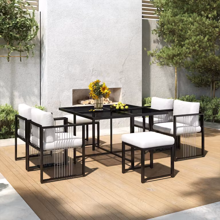Set di mobili da giardino Merax 7 pezzi con 4 poltrone e 2 sgabelli, incl. piano in vetro e cuscini di seduta, gruppo di seduta in corda e ferro zincato, gruppo da pranzo resistente alle intemperie