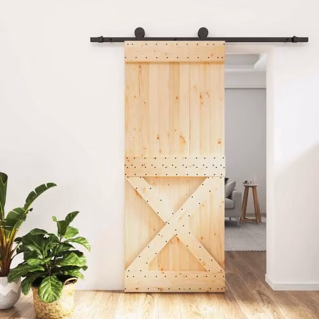 Porta scorrevole moderna vidaXL in legno e acciaio, colore naturale e nero, H: 210 cm x L: 85 cm
