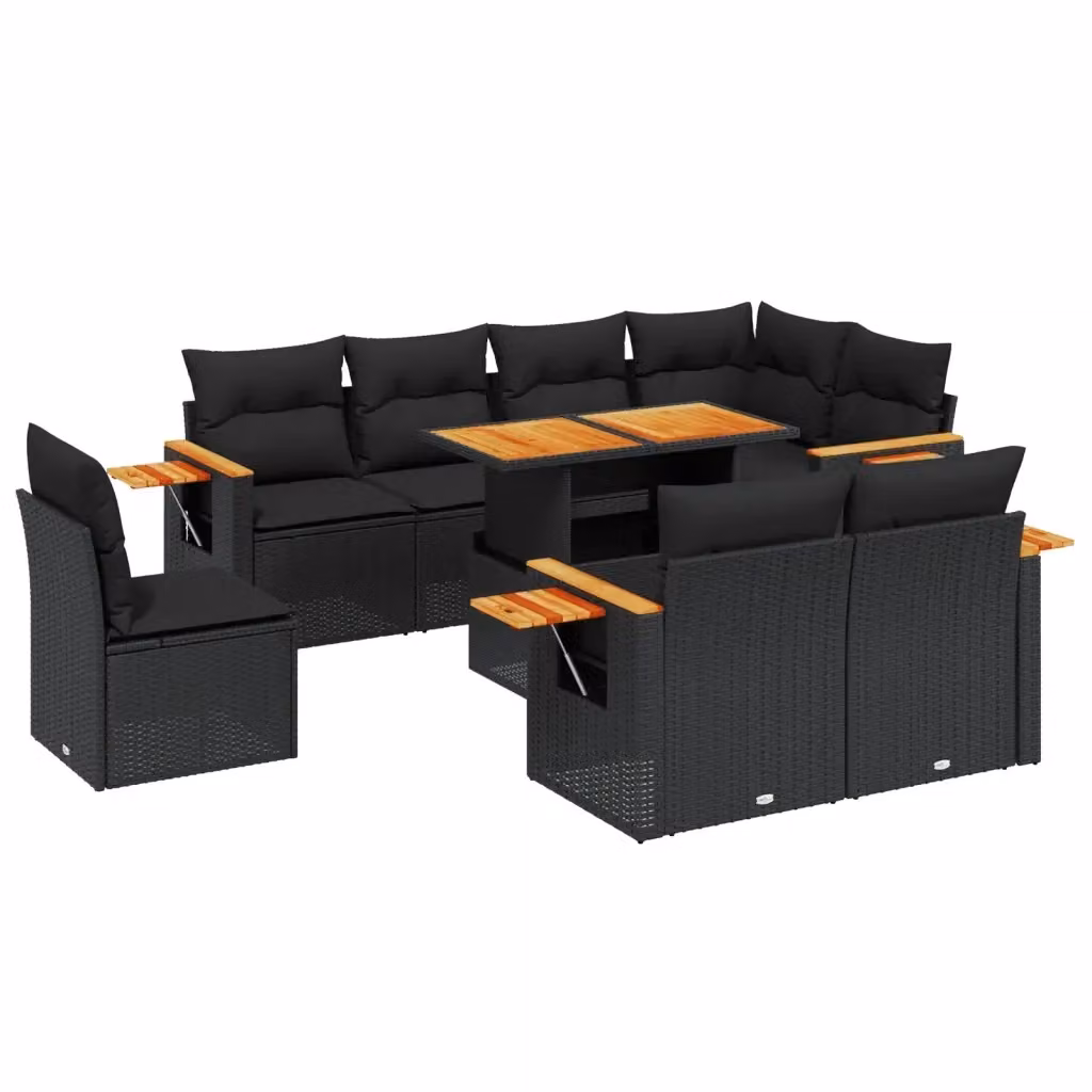 Set di divani da giardino vidaXL 9 pezzi in polyrattan nero con cuscini e tavolino da esterno a forma di U – 2