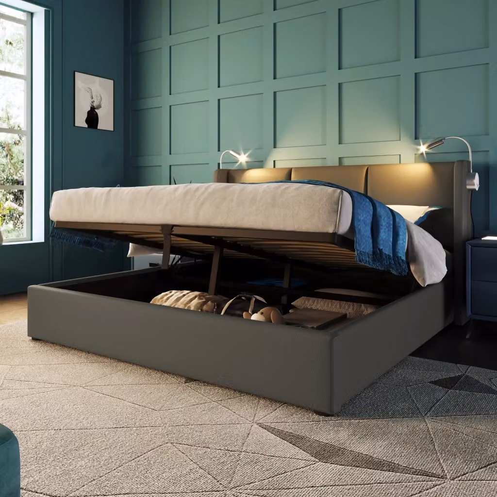 Letto contenitore Mivray con rete sollevabile, testiera imbottita in ecopelle grigia, luce da lettura e porta USB, L/P/H: 140 x 200 x 107 cm – 2