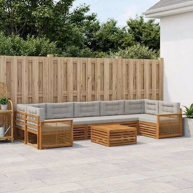 Set di divani da esterno vidaXL a forma di U con tavolo da caffè, struttura in legno di acacia e cuscini inclusi, beige e grigio
