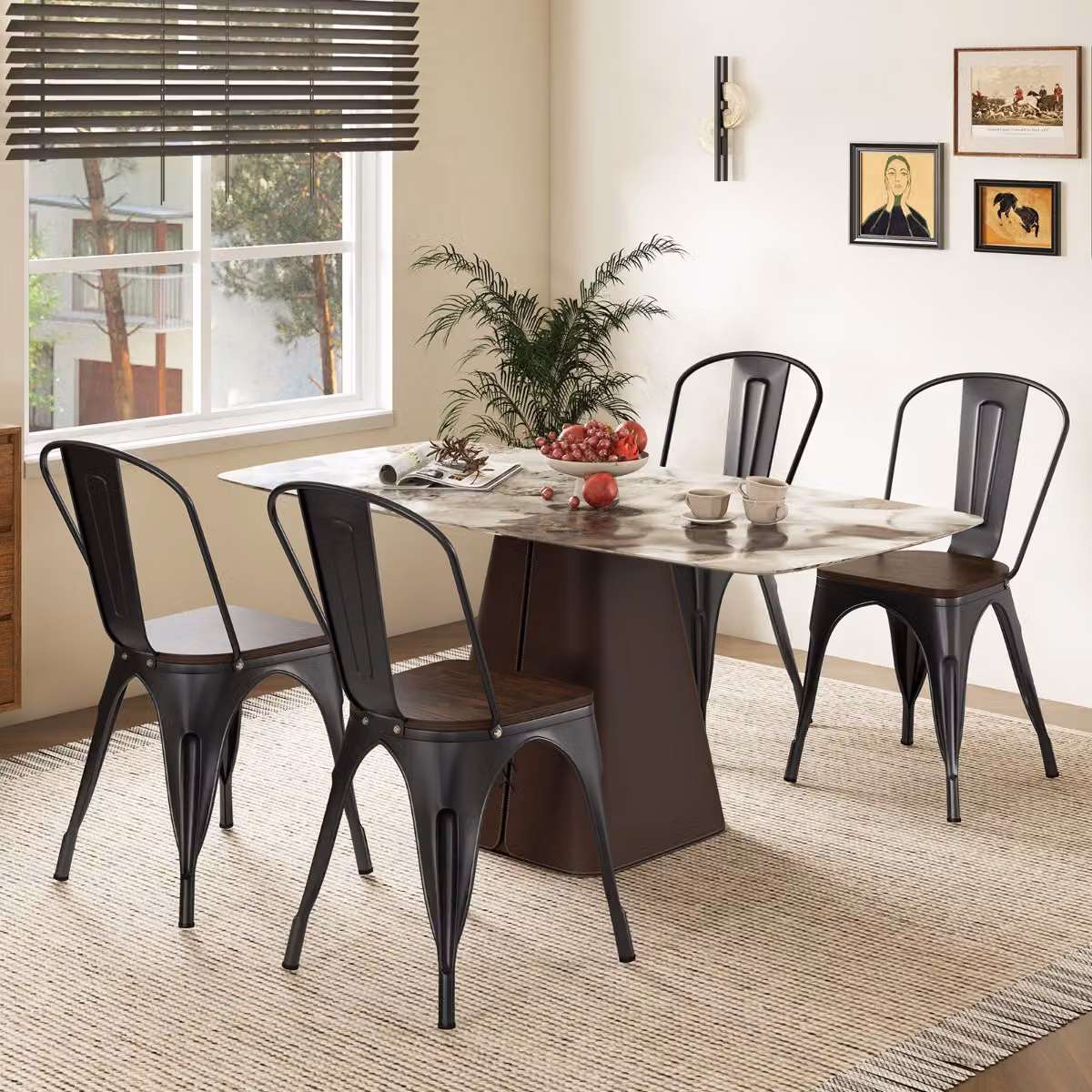 Set di 4 sedie da pranzo con schienale e 4 sgabelli impilabili in metallo nero Costway