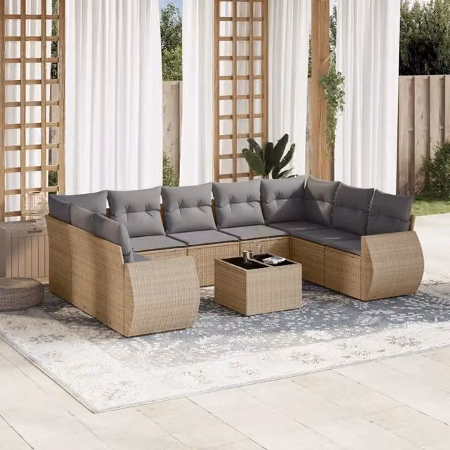 Set Divano da Giardino Moderno VIDAXL in Polyrattan con 10 Cuscini Beige – 1