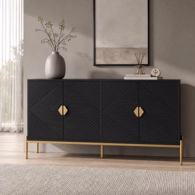 Credenza moderna a 4 ante in MDF e pannello truciolare; nera; 162 x 40 x 80 cm