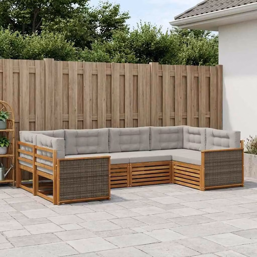 vidaXL Set di divani da esterno a forma di L composto da 6 pezzi in legno di acacia con cuscini, colori beige, grigio e marrone