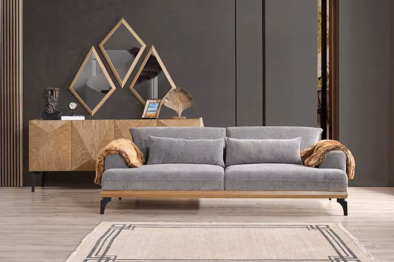 Stilvolle Beige Couchgarnitur Designer 3-Sitzer Holz Konsole Spiegel