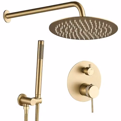 Rea - Set Doccia Da Incasso Lungo Grip Gold Brush + Box Sistema Doccia In Ottone Per Bagno (Oro Spazzolato) 25x16x36cm