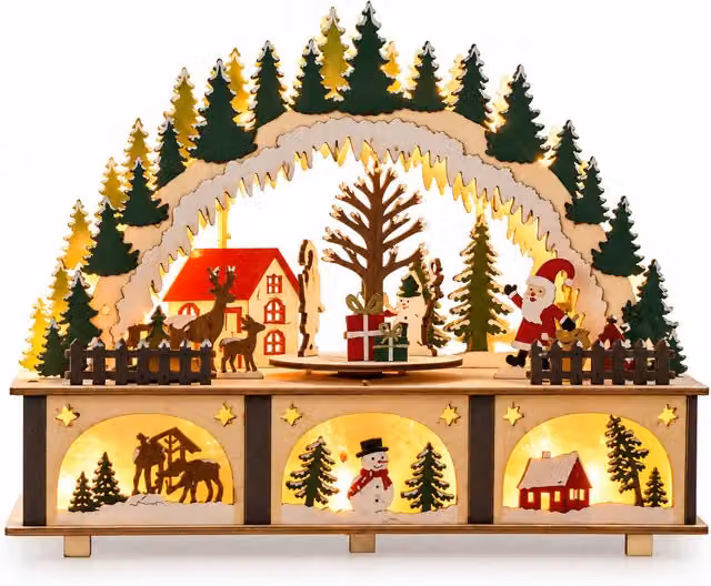 Arco natalizio in legno con LED, villaggio con parte rotante 27 cm