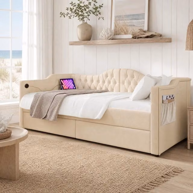 Letto singolo imbottito 90 × 200 cm con due cassetti USB e Type C in velluto beige