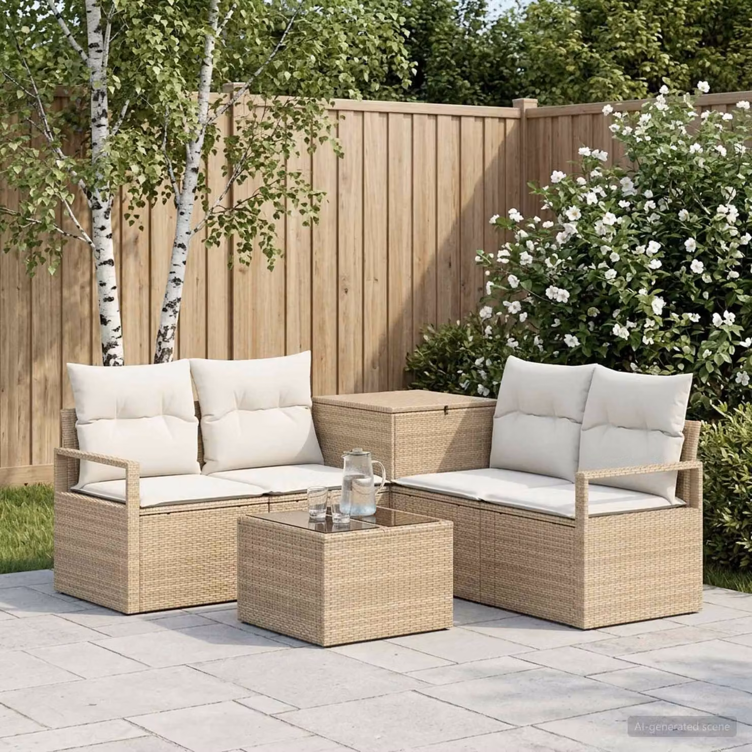 Set di divani da giardino vidaXL in polyrattan beige e bianco crema con tavolo da caffè e cuscini inclusi