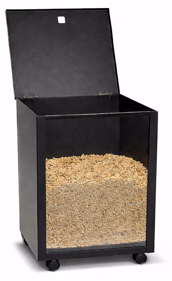 Contenitore per pellet nero, con ruote e coperchio, capacità 35 kg