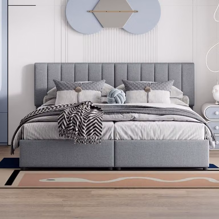 Letto imbottito 180x200 cm, con sistema di sollevamento idraulico per lo spazio contenitivo, rivestito in lino delicato sulla pelle, letto matrimoniale grigio con altezza regolabile dello schienale