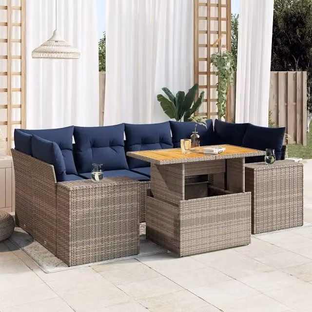 Set Divani da Giardino 7 pz con Cuscini Grigio in Polyrattan 3327344